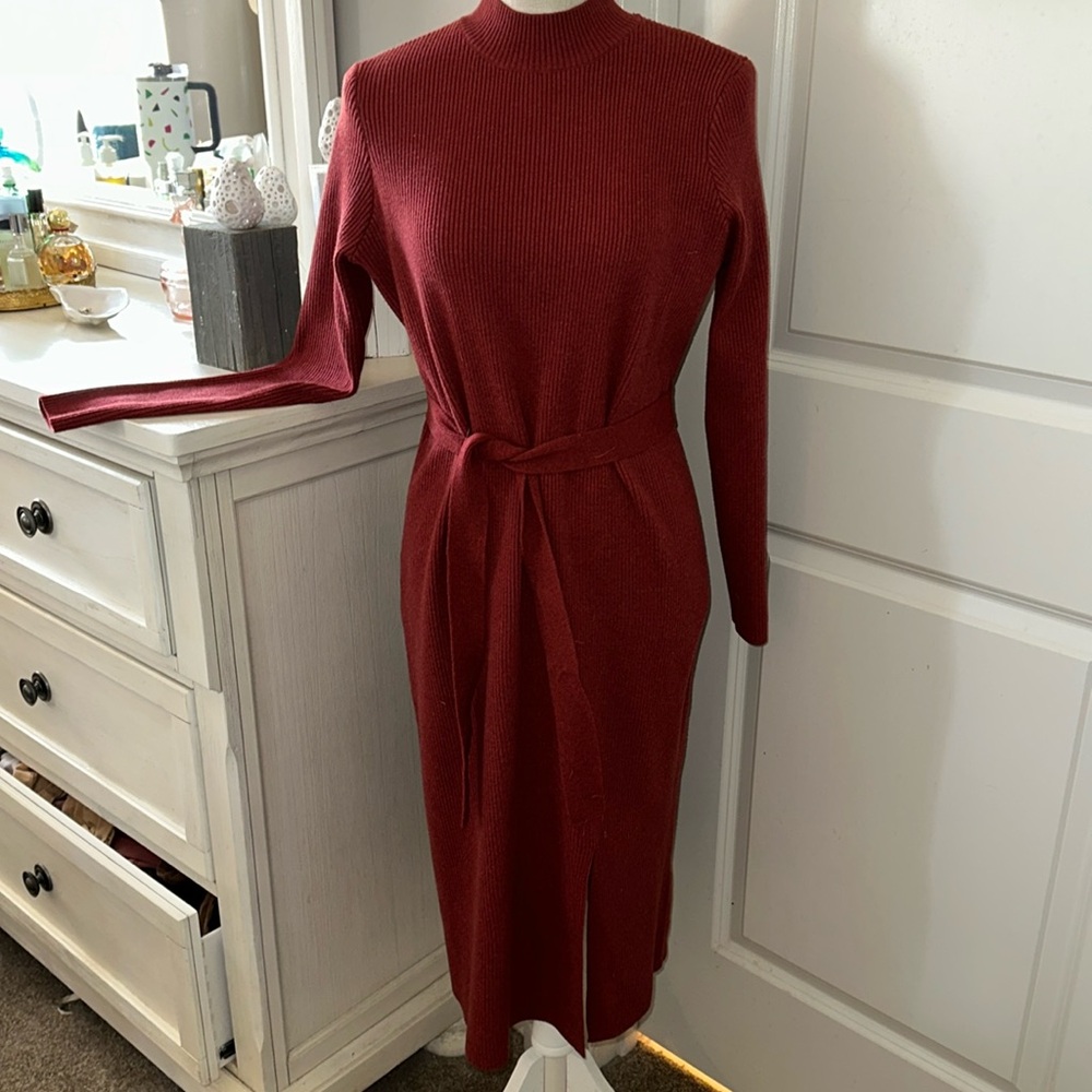 Beautiful brand wine/rust colored mock turtleneck sweater dress ribbed heavy EUC